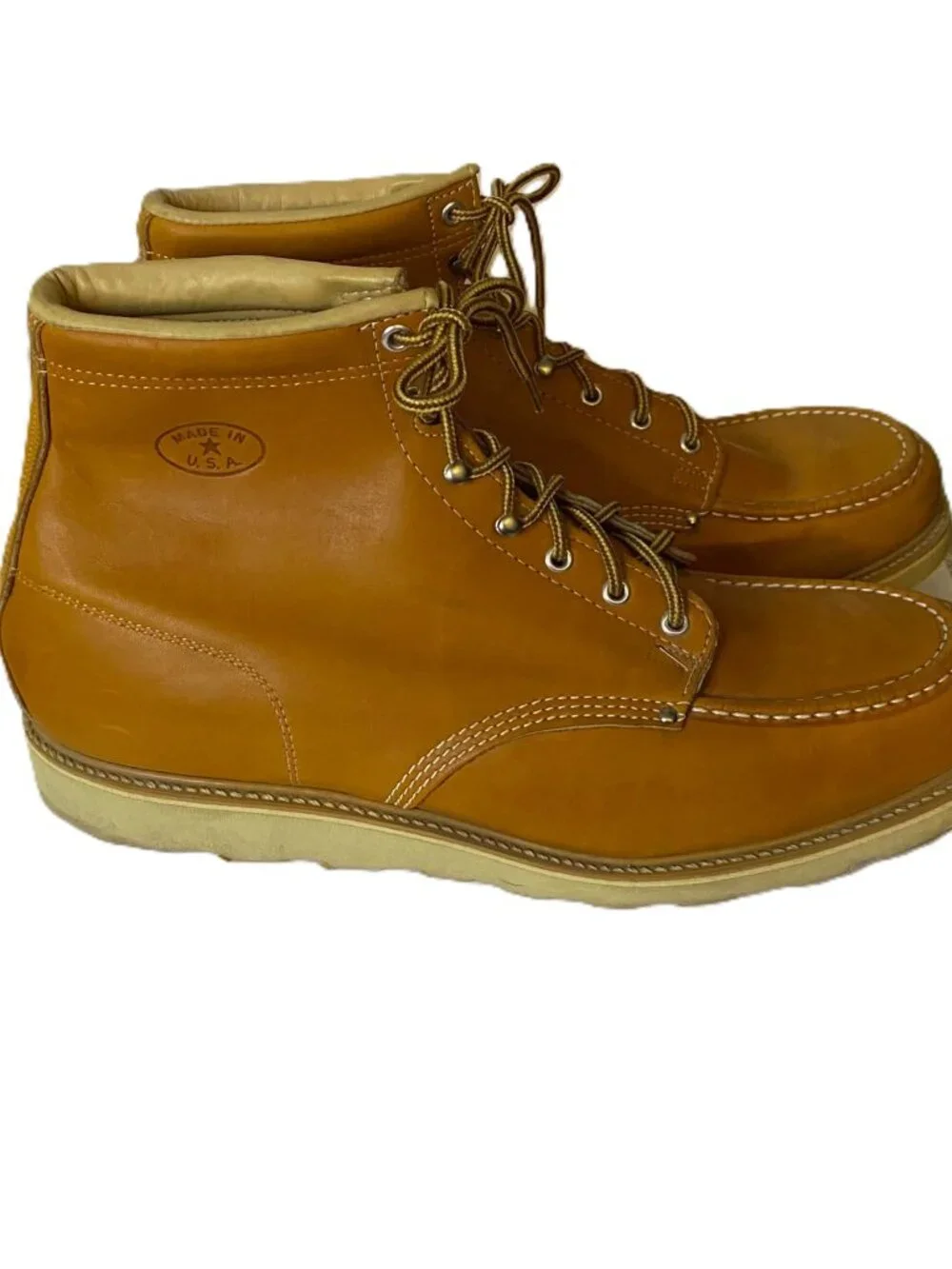 Vintage USA Made Moc Toe Work Boots Men's Size 16 D Tan Leather Wedge Sole